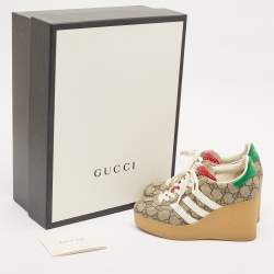 Gucci X Adidas Beige/Brown GG Supreme Canvas Gazelle Wedge Sneakers Size 34