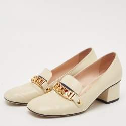 Gucci Cream Leather Sylvie Chain Embellished Block Heel Pumps Size 38.5