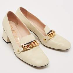Gucci Cream Leather Sylvie Chain Embellished Block Heel Pumps Size 38.5