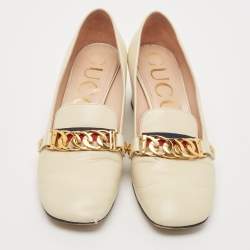 Gucci Cream Leather Sylvie Chain Embellished Block Heel Pumps Size 38.5
