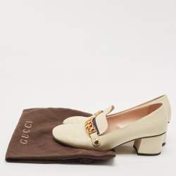 Gucci Cream Leather Sylvie Chain Embellished Block Heel Pumps Size 38.5
