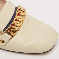 Gucci Cream Leather Sylvie Chain Embellished Block Heel Pumps Size 38.5