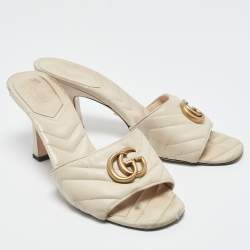 Pre Owned Gucci Off White Leather Matelasse GG Marmont Slide Sandals Size 39.5