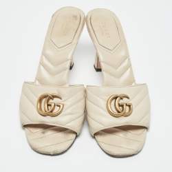Pre Owned Gucci Off White Leather Matelasse GG Marmont Slide Sandals Size 39.5