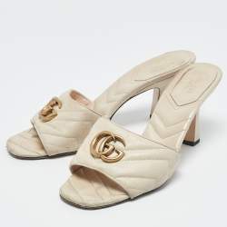Pre Owned Gucci Off White Leather Matelasse GG Marmont Slide Sandals Size 39.5