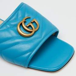 Gucci Blue Quilted Leather GG Marmont Flat Slide Sandals Size 38.5