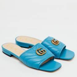 Gucci Blue Quilted Leather GG Marmont Flat Slide Sandals Size 38.5