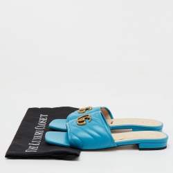 Gucci Blue Quilted Leather GG Marmont Flat Slide Sandals Size 38.5