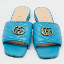 Gucci Blue Quilted Leather GG Marmont Flat Slide Sandals Size 38.5