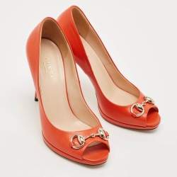 Gucci Orange Leather Horsebit Peep Toe Pumps Size 35