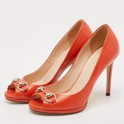 Gucci Orange Leather Horsebit Peep Toe Pumps Size 35