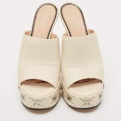 مملوكة مسبقًا Gucci Cream Leather GG Platform Slide Sandals Size 36.5