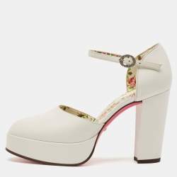Pre Owned Gucci White Leather Agon Block Heel Platform Pumps Size 37.5