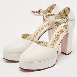 Pre Owned Gucci White Leather Agon Block Heel Platform Pumps Size 37.5