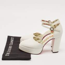 Pre Owned Gucci White Leather Agon Block Heel Platform Pumps Size 37.5