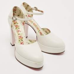 Pre Owned Gucci White Leather Agon Block Heel Platform Pumps Size 37.5