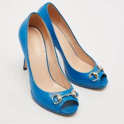 Gucci Blue Leather Horsebit Peep Toe Pumps Size 35