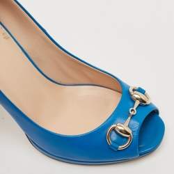 Gucci Blue Leather Horsebit Peep Toe Pumps Size 35
