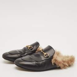 Gucci Black Leather And Fur Princetown Mule Sandals Size 39