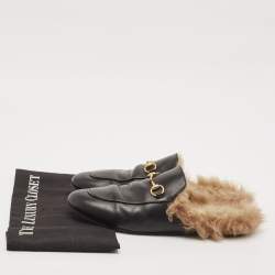Gucci Black Leather And Fur Princetown Mule Sandals Size 39