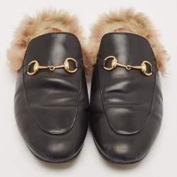 Gucci Black Leather And Fur Princetown Mule Sandals Size 39