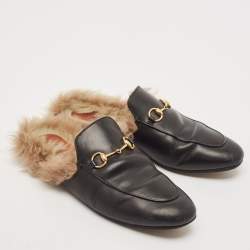 Gucci Black Leather And Fur Princetown Mule Sandals Size 39