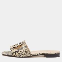 Pre Owned Gucci Black/Grey Python Embossed Leather Interlocking G Cut Out Flat Slides Size 38