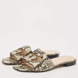 Pre Owned Gucci Black/Grey Python Embossed Leather Interlocking G Cut Out Flat Slides Size 38