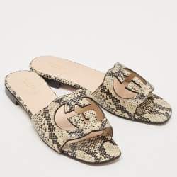 Pre Owned Gucci Black/Grey Python Embossed Leather Interlocking G Cut Out Flat Slides Size 38