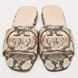Pre Owned Gucci Black/Grey Python Embossed Leather Interlocking G Cut Out Flat Slides Size 38