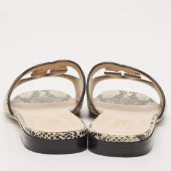 Pre Owned Gucci Black/Grey Python Embossed Leather Interlocking G Cut Out Flat Slides Size 38