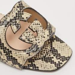 Pre Owned Gucci Black/Grey Python Embossed Leather Interlocking G Cut Out Flat Slides Size 38