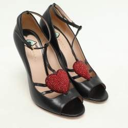 Gucci Black Leather Molina Embellished T-Strap Pumps Size 38.5