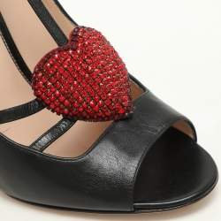 Gucci Black Leather Molina Embellished T-Strap Pumps Size 38.5