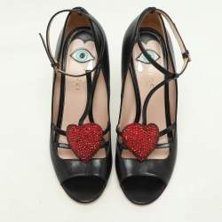 Gucci Black Leather Molina Embellished T-Strap Pumps Size 38.5