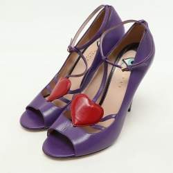 Gucci Purple Leather Molina Heart T Strap Pumps Size 38.5