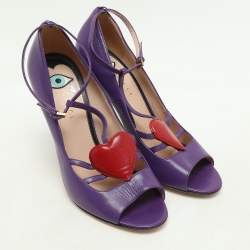 Gucci Purple Leather Molina Heart T Strap Pumps Size 38.5