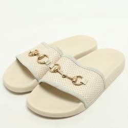 Gucci Cream Perforated Leather Horsebit Flat Slide Size 38