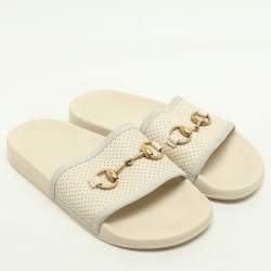 Gucci Cream Perforated Leather Horsebit Flat Slide Size 38