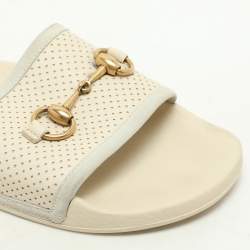 Gucci Cream Perforated Leather Horsebit Flat Slide Size 38