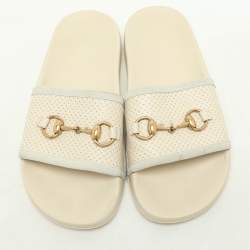 Gucci Cream Perforated Leather Horsebit Flat Slide Size 38