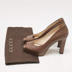 Pre Owned حذاء كعب عالي غوتشي مقدمة مفتوحة جلد بنقوش بنى مقاس 37.5