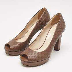 Pre Owned حذاء كعب عالي غوتشي مقدمة مفتوحة جلد بنقوش بنى مقاس 37.5