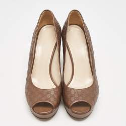 Pre Owned حذاء كعب عالي غوتشي مقدمة مفتوحة جلد بنقوش بنى مقاس 37.5