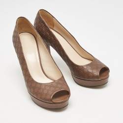 Pre Owned حذاء كعب عالي غوتشي مقدمة مفتوحة جلد بنقوش بنى مقاس 37.5