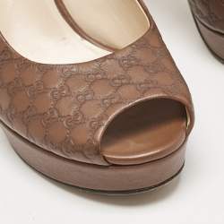 Pre Owned حذاء كعب عالي غوتشي مقدمة مفتوحة جلد بنقوش بنى مقاس 37.5