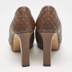 Pre Owned حذاء كعب عالي غوتشي مقدمة مفتوحة جلد بنقوش بنى مقاس 37.5