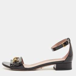 Gucci Black Patent Leather Horsebit Ankle Strap Sandals Size 40