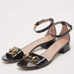 Gucci Black Patent Leather Horsebit Ankle Strap Sandals Size 40