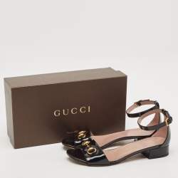 Gucci Black Patent Leather Horsebit Ankle Strap Sandals Size 40